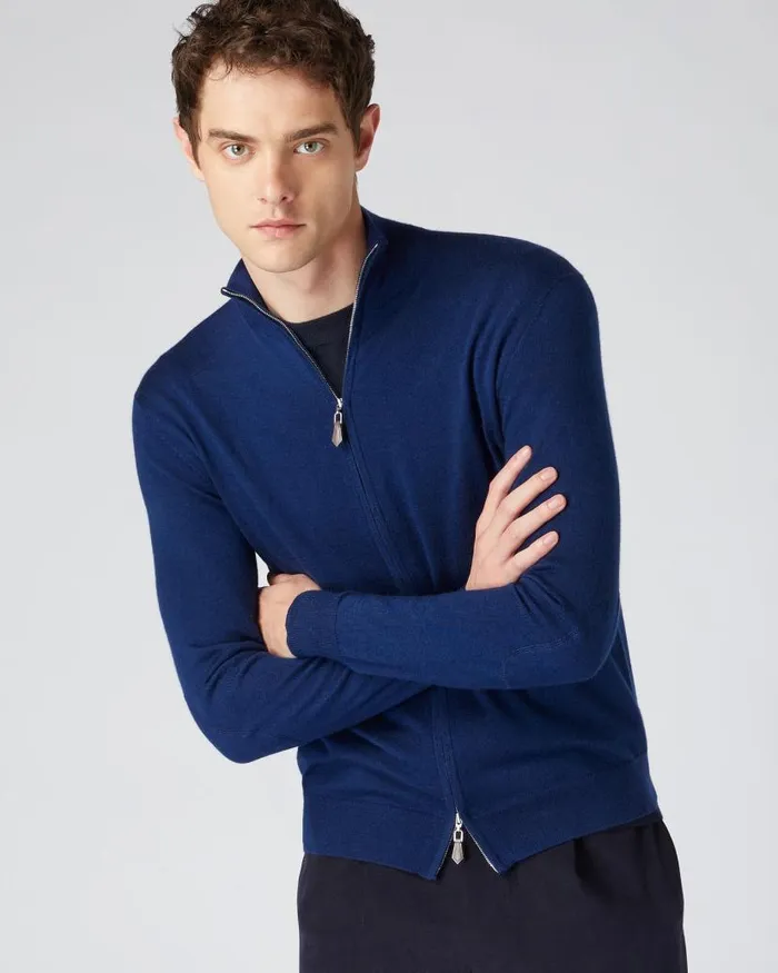NPeal Jumpers Men Hyde Fine Gauge Cashmere Full Zip Jumper French Blue