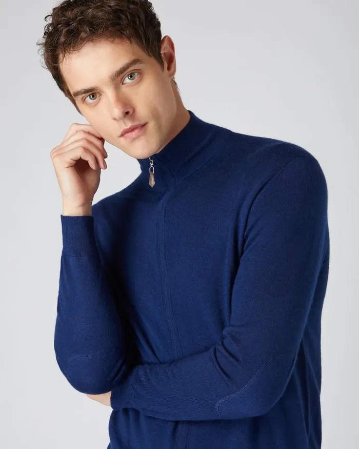NPeal Jumpers Men Hyde Fine Gauge Cashmere Full Zip Jumper French Blue