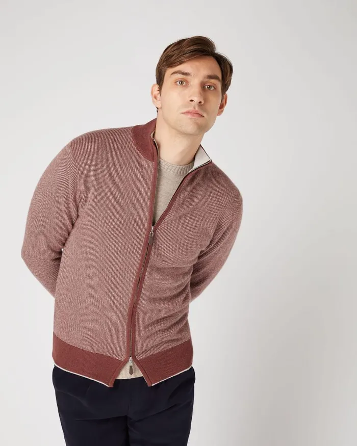 NPeal Jumpers Men Knightsbridge Birdseye Full Zip Cashmere Jumper Terracotta Brown