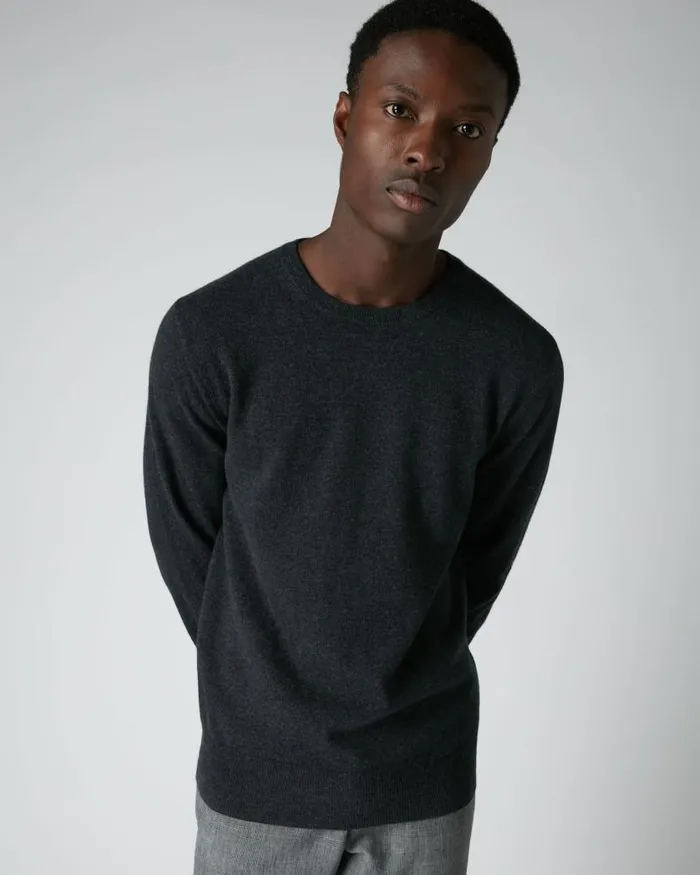 NPeal Jumpers Men Oxford Round Neck Cashmere Jumper Dark Charcoal Grey