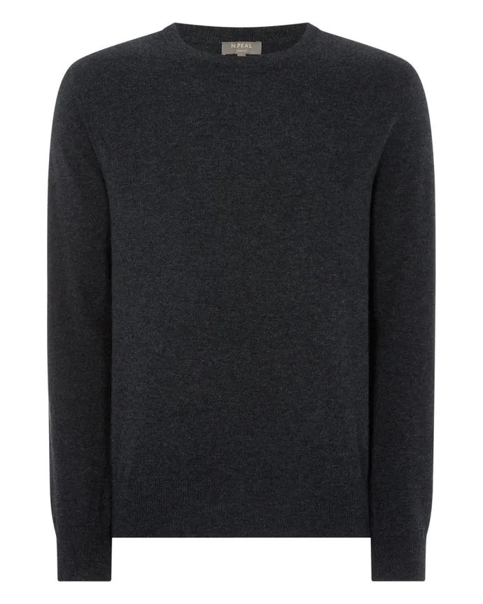 NPeal Jumpers Men Oxford Round Neck Cashmere Jumper Dark Charcoal Grey