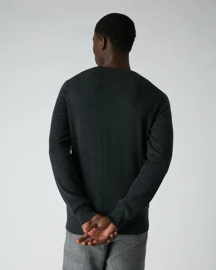 NPeal Jumpers Men Oxford Round Neck Cashmere Jumper Dark Charcoal Grey