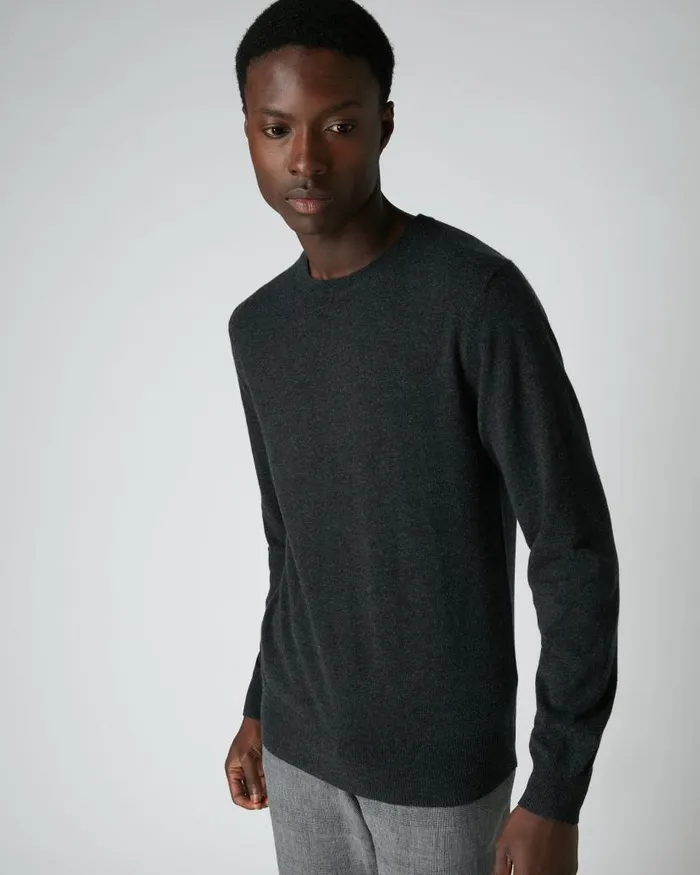 NPeal Jumpers Men Oxford Round Neck Cashmere Jumper Dark Charcoal Grey