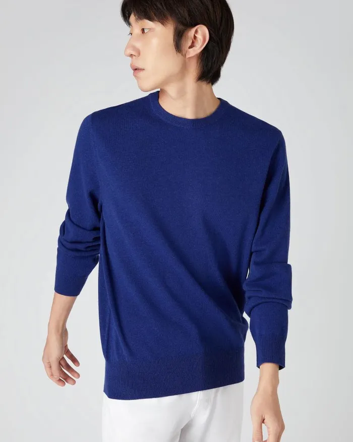 NPeal Jumpers Men Oxford Round Neck Cashmere Jumper Sapphire Blue