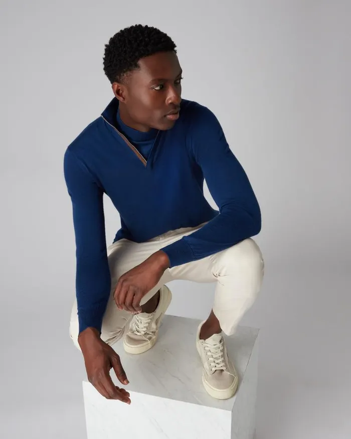 NPeal Jumpers Men Regent Fine Gauge Cashmere Half Zip Jumper French Blue