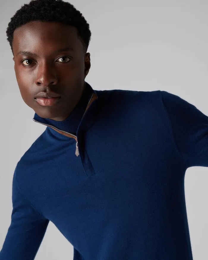 NPeal Jumpers Men Regent Fine Gauge Cashmere Half Zip Jumper French Blue