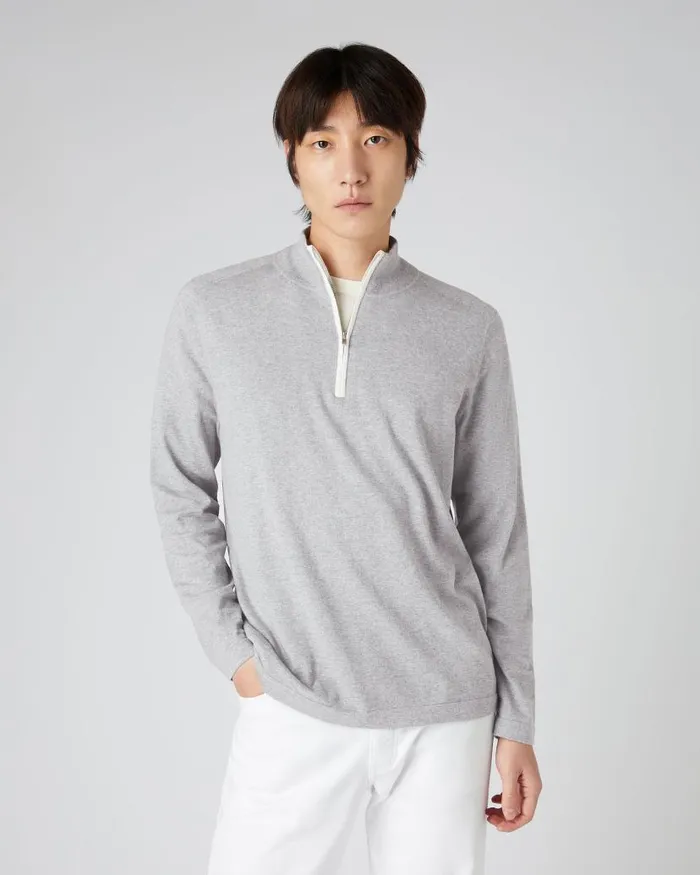 NPeal Jumpers Men Salcombe Half Zip Cotton Cashmere Jumper Fumo Grey