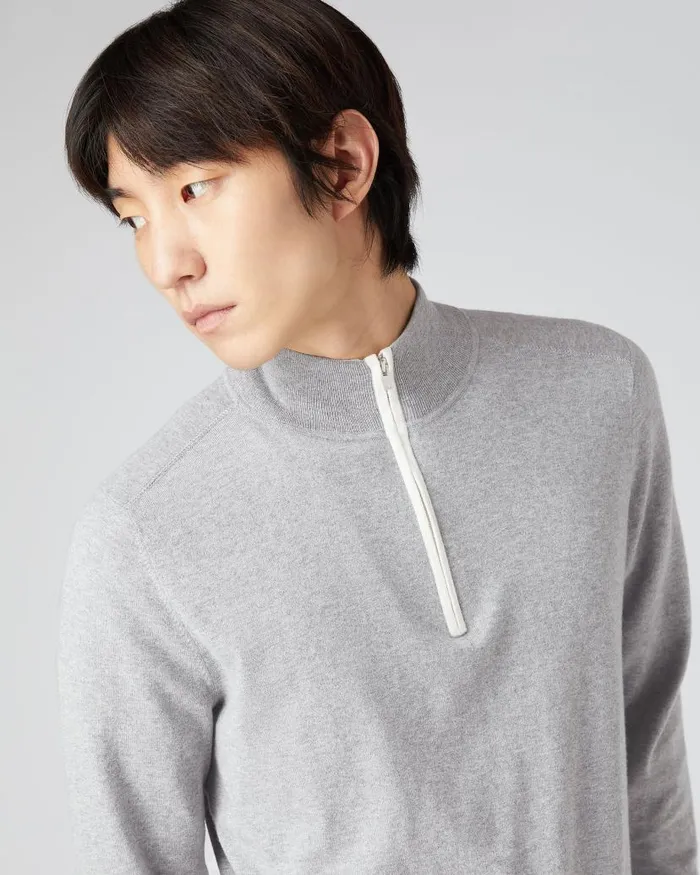 NPeal Jumpers Men Salcombe Half Zip Cotton Cashmere Jumper Fumo Grey