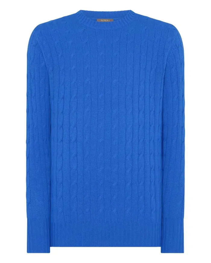 NPeal Jumpers Men Thames Cable Round Neck Cashmere Jumper Sonic Blue