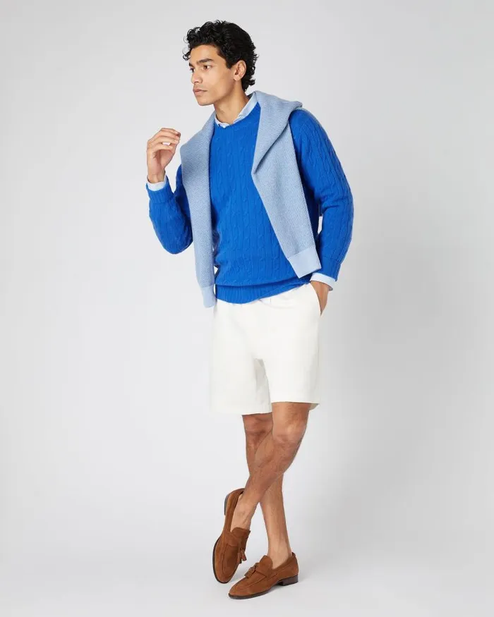 NPeal Jumpers Men Thames Cable Round Neck Cashmere Jumper Sonic Blue