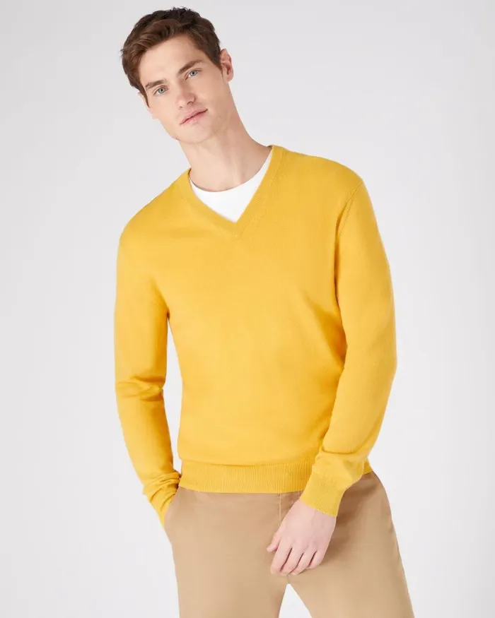 NPeal Jumpers Men The Burlington V Neck Cashmere Jumper Canary Yellow