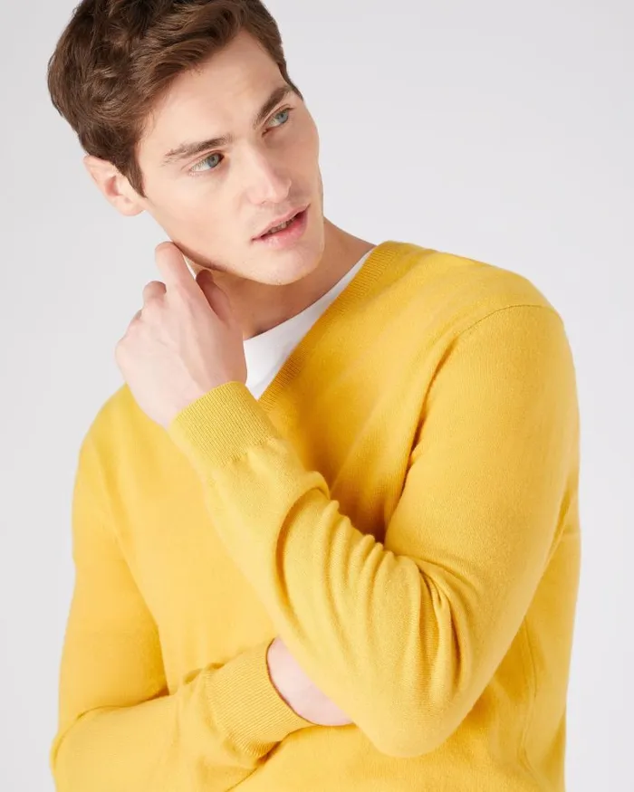 NPeal Jumpers Men The Burlington V Neck Cashmere Jumper Canary Yellow