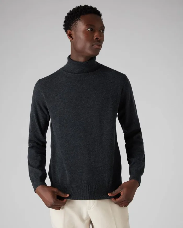 NPeal Jumpers Men Trafalgar Roll Neck Cashmere Jumper Dark Charcoal Grey
