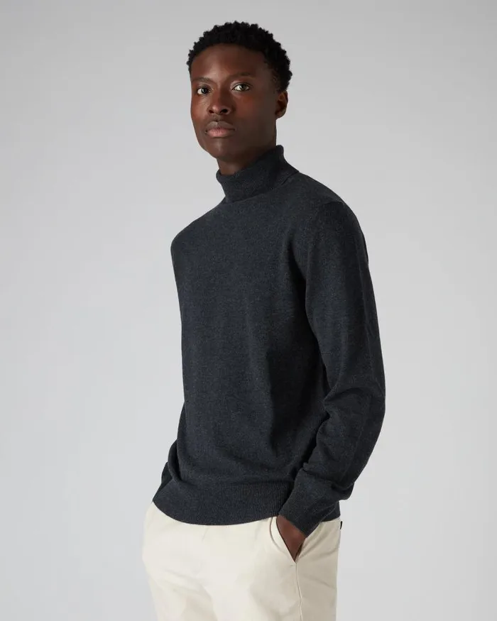 NPeal Jumpers Men Trafalgar Roll Neck Cashmere Jumper Dark Charcoal Grey