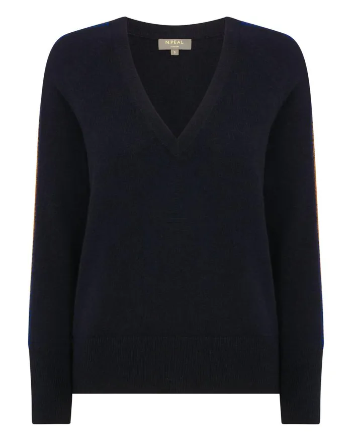 NPeal Jumpers Women Jacquard Detail Classic V Neck Cashmere Jumper Navy Blue