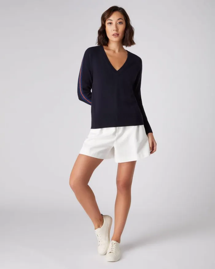 NPeal Jumpers Women Jacquard Detail Classic V Neck Cashmere Jumper Navy Blue