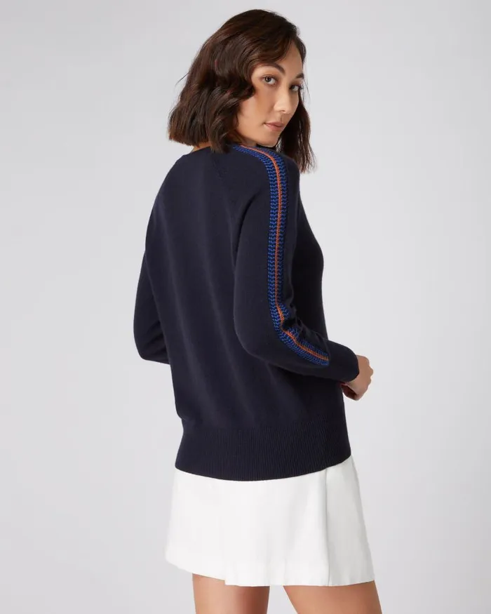 NPeal Jumpers Women Jacquard Detail Classic V Neck Cashmere Jumper Navy Blue