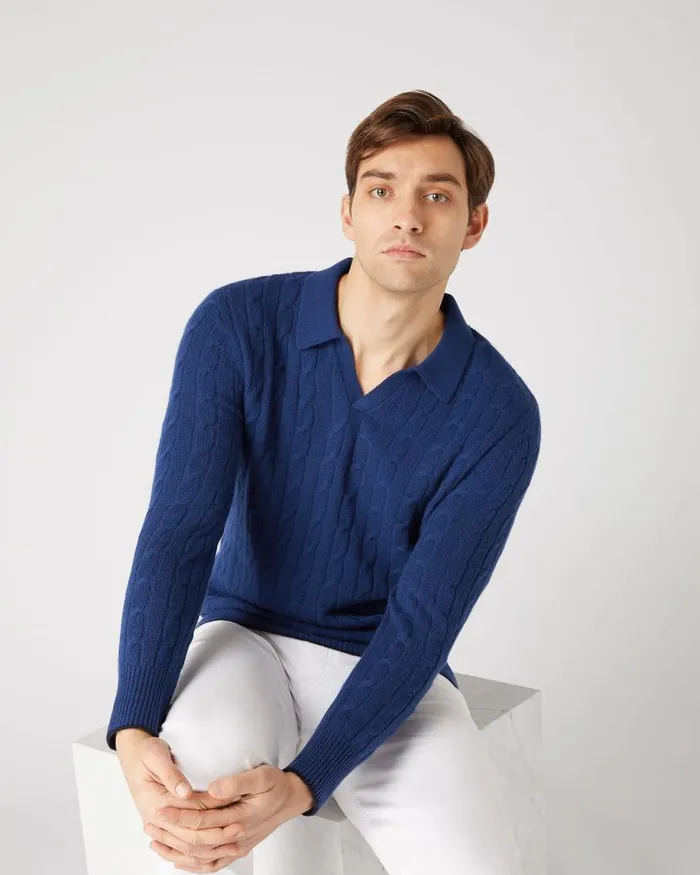 NPeal Polos and Tshirts Men Cable Polo Cashmere Shirt French Blue