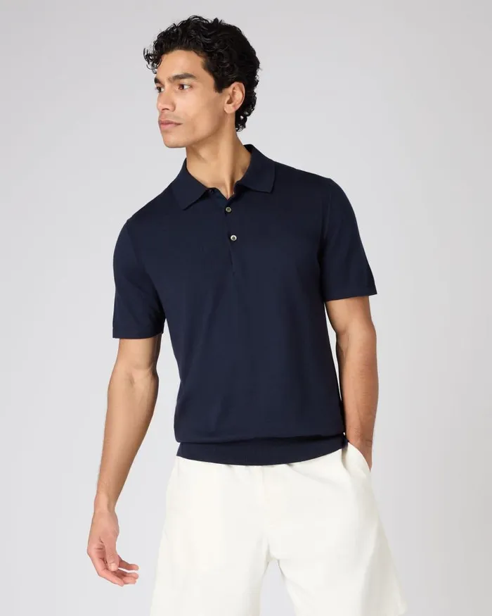NPeal Polos and Tshirts Men Polzeath Cotton Cashmere Polo TShirt Navy Blue