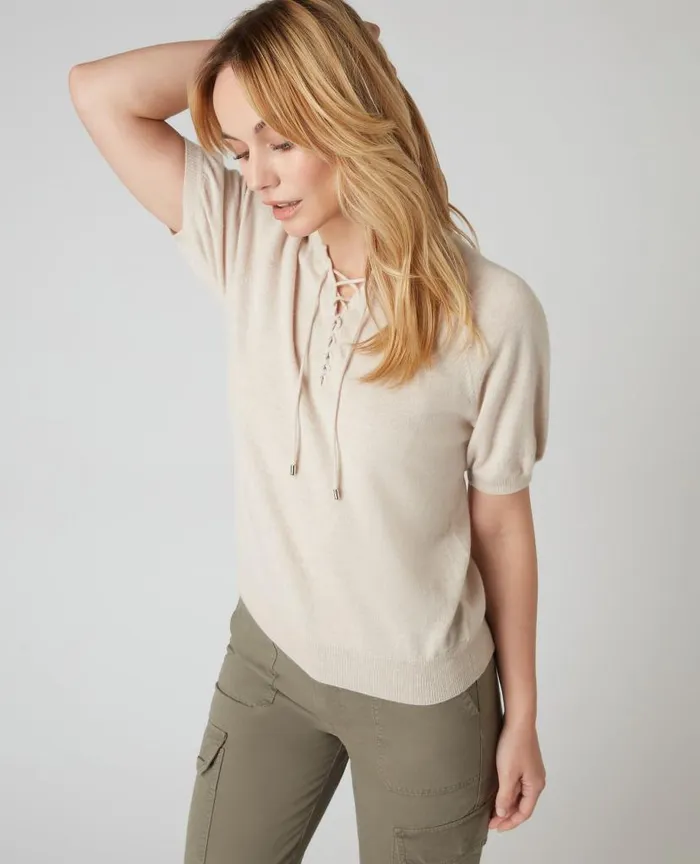 NPeal Tops and Tshirts Women Lace Neck Cashmere T Shirt Ecru White