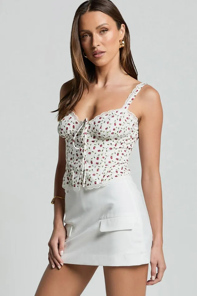 Naya Top 8211 Button Down Tie Front Milk Maid Corset Top In Cream Rose Print Women Showpo Tops