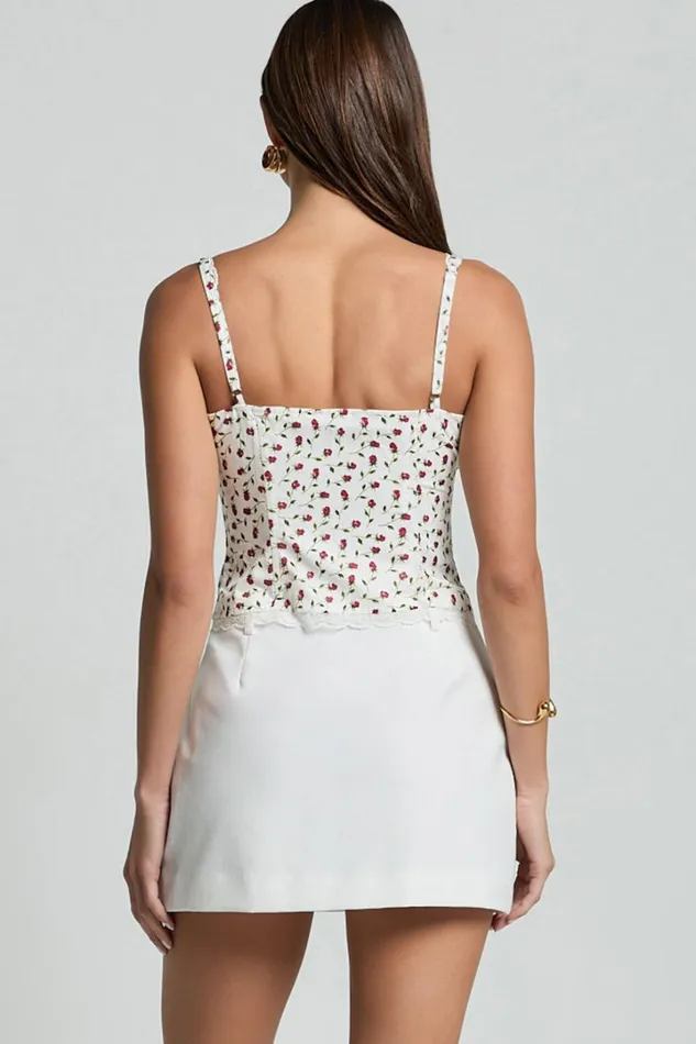 Naya Top 8211 Button Down Tie Front Milk Maid Corset Top In Cream Rose Print Women Showpo Tops