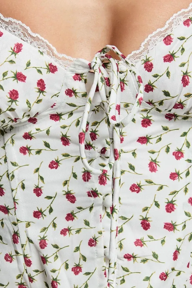 Naya Top 8211 Button Down Tie Front Milk Maid Corset Top In Cream Rose Print Women Showpo Tops