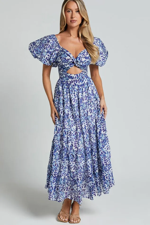 Nelrose Midi Dress 8211 Short Puff Sleeve Front Cut Out Dress In Blue Print Women Showpo Dresses Nelrose Midi Dress 8211 Short Puff Sleeve Front Cut Out Dress In Blue Print Women Showpo Dresses