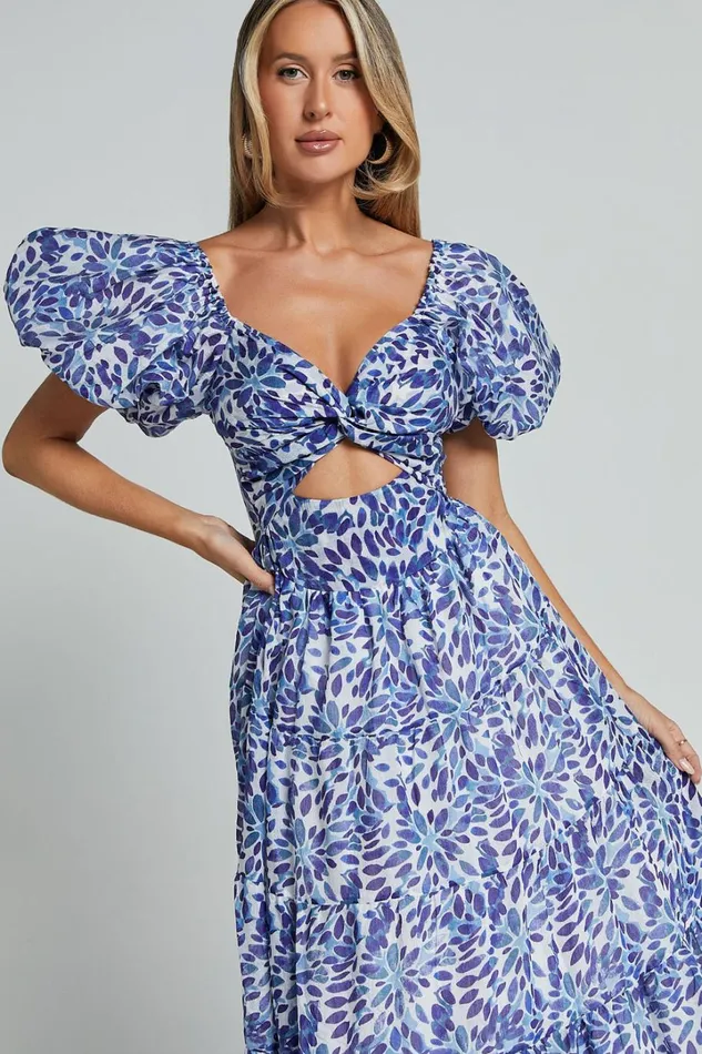 Nelrose Midi Dress 8211 Short Puff Sleeve Front Cut Out Dress In Blue Print Women Showpo Dresses