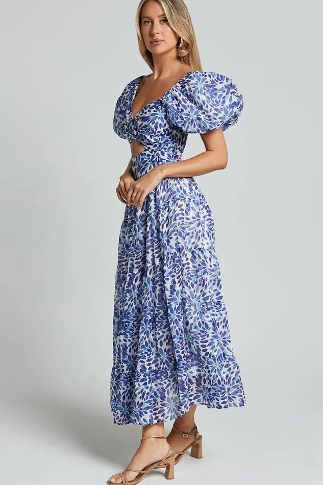 Nelrose Midi Dress 8211 Short Puff Sleeve Front Cut Out Dress In Blue Print Women Showpo Dresses