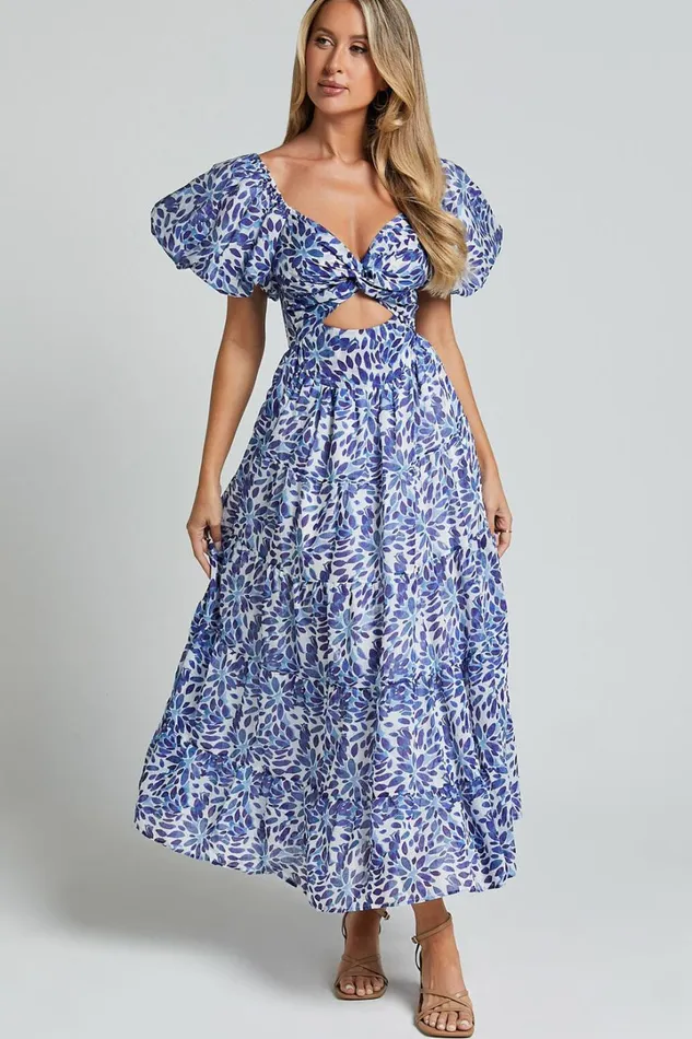 Nelrose Midi Dress 8211 Short Puff Sleeve Front Cut Out Dress In Blue Print Women Showpo Dresses