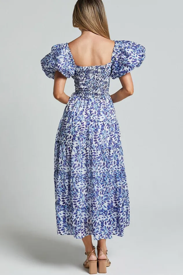 Nelrose Midi Dress 8211 Short Puff Sleeve Front Cut Out Dress In Blue Print Women Showpo Dresses