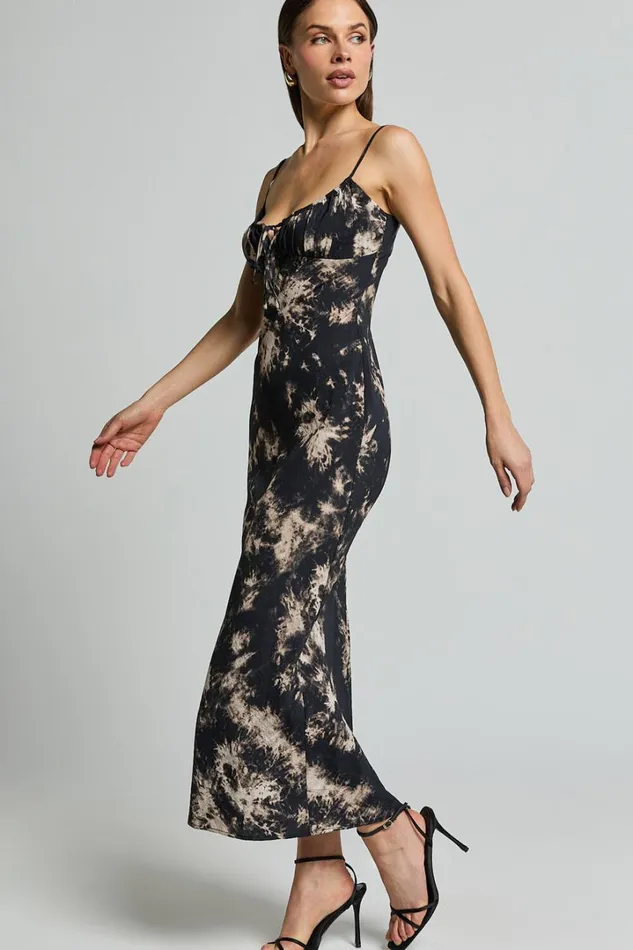 Nicki Midi Dress 8211 Strappy Ruched Bust Slip Dress In Black Tie Dye Women Showpo Dresses