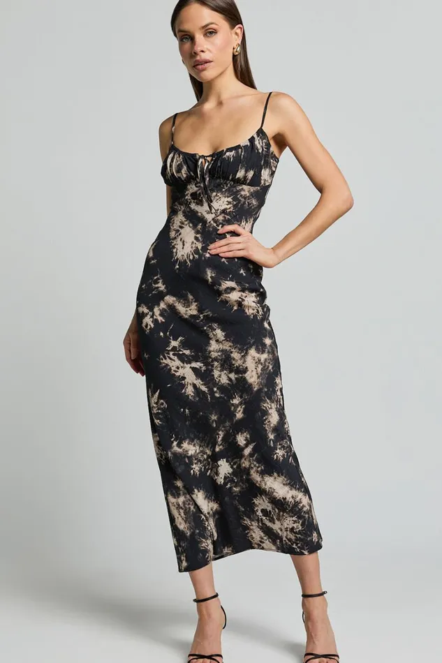 Nicki Midi Dress 8211 Strappy Ruched Bust Slip Dress In Black Tie Dye Women Showpo Dresses