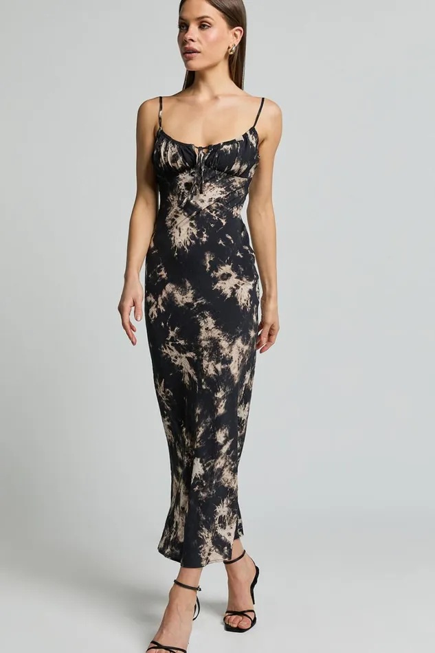 Nicki Midi Dress 8211 Strappy Ruched Bust Slip Dress In Black Tie Dye Women Showpo Dresses