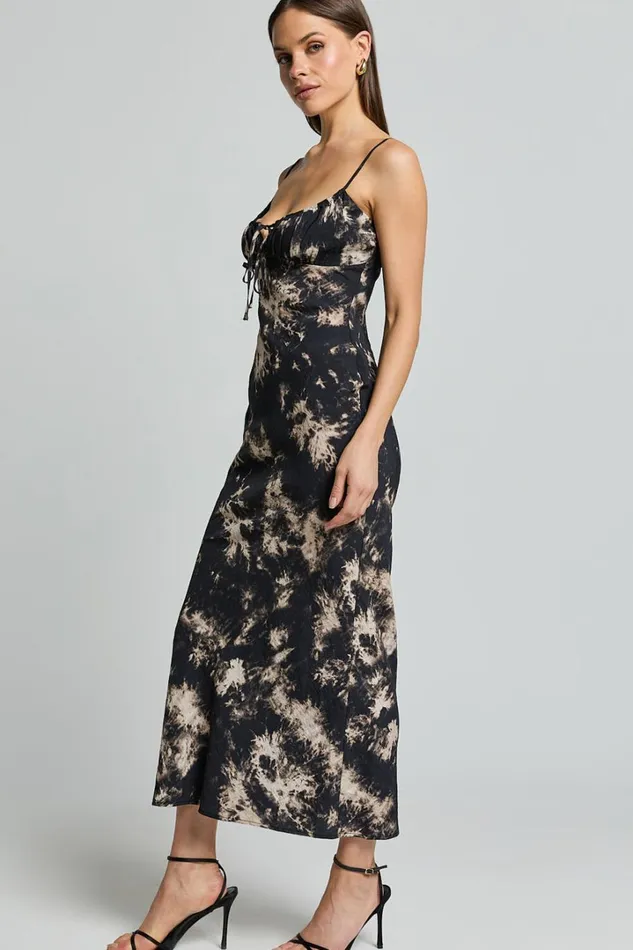 Nicki Midi Dress 8211 Strappy Ruched Bust Slip Dress In Black Tie Dye Women Showpo Dresses