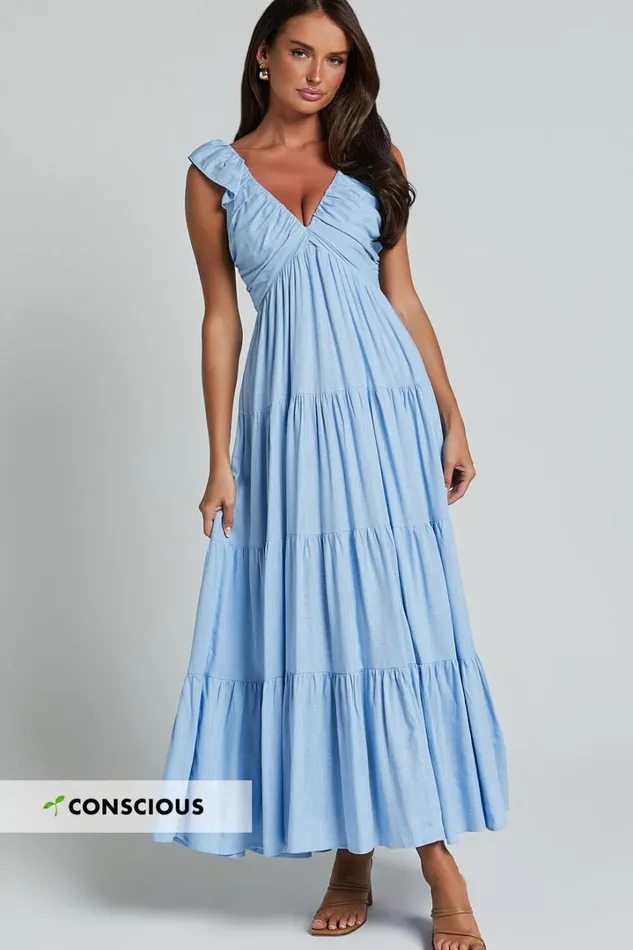 Nicollee Midi Dress 8211 Plunge Neck Sleeveless Tiered Dress In Blue Women Showpo Conscious Nicollee Midi Dress 8211 Plunge Neck Sleeveless Tiered Dress In Blue Women Showpo Conscious