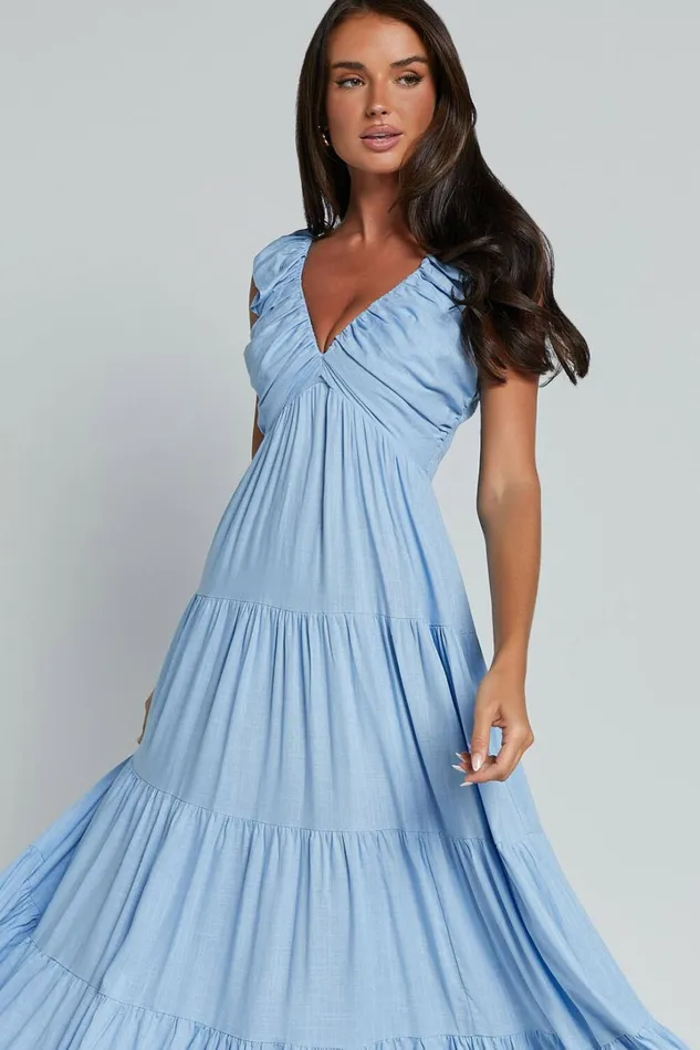 Nicollee Midi Dress 8211 Plunge Neck Sleeveless Tiered Dress In Blue Women Showpo Conscious