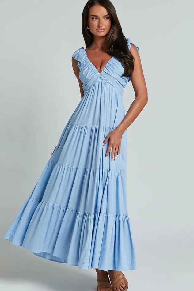Nicollee Midi Dress 8211 Plunge Neck Sleeveless Tiered Dress In Blue Women Showpo Conscious