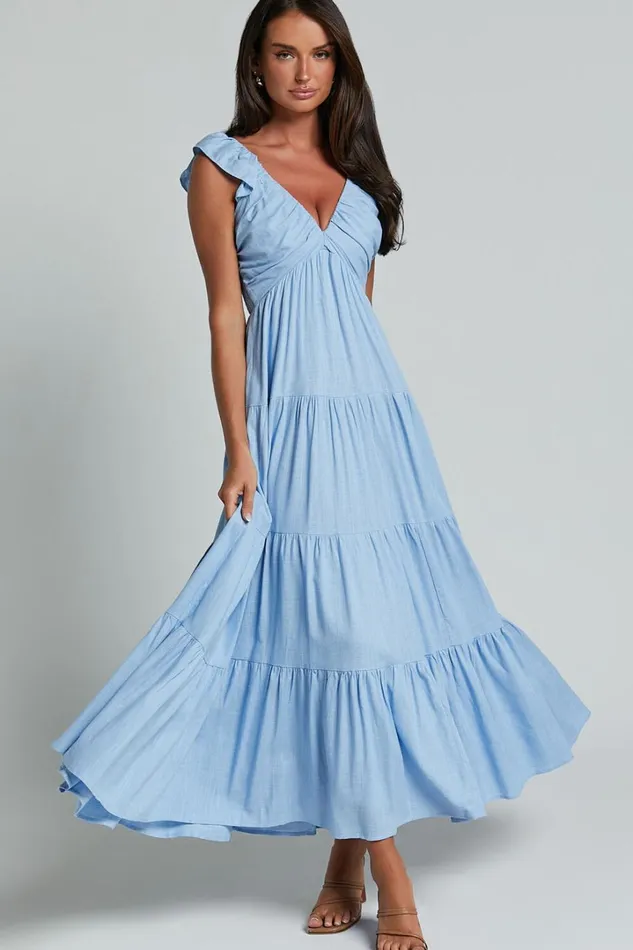 Nicollee Midi Dress 8211 Plunge Neck Sleeveless Tiered Dress In Blue Women Showpo Conscious