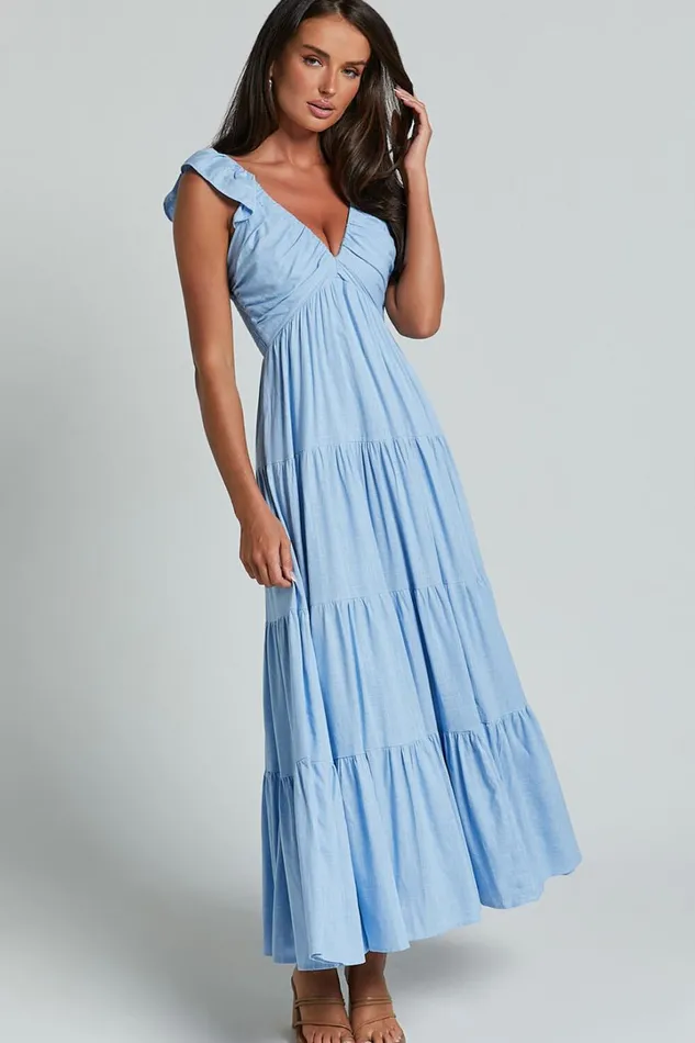 Nicollee Midi Dress 8211 Plunge Neck Sleeveless Tiered Dress In Blue Women Showpo Conscious
