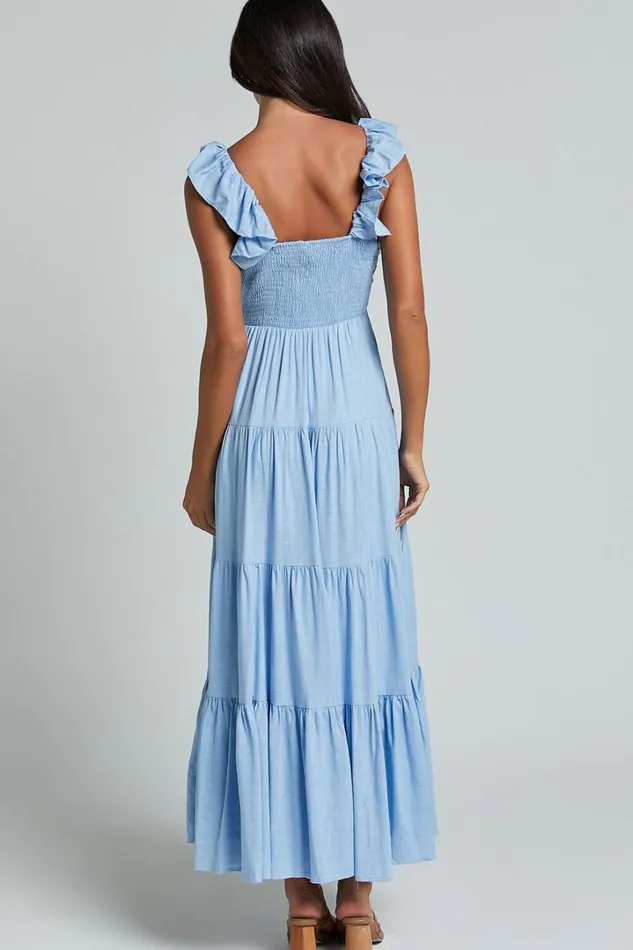 Nicollee Midi Dress 8211 Plunge Neck Sleeveless Tiered Dress In Blue Women Showpo Conscious