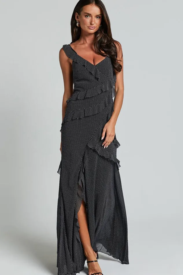 Nitha Maxi Dress 8211 Asymmetrical Frill Thigh Split Dress In Black Polka Women Showpo Dresses Nitha Maxi Dress 8211 Asymmetrical Frill Thigh Split Dress In Black Polka Women Showpo Dresses