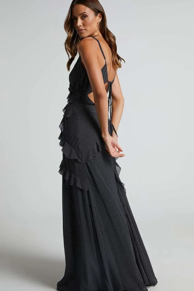 Nitha Maxi Dress 8211 Asymmetrical Frill Thigh Split Dress In Black Polka Women Showpo Dresses Nitha Maxi Dress 8211 Asymmetrical Frill Thigh Split Dress In Black Polka Women Showpo Dresses