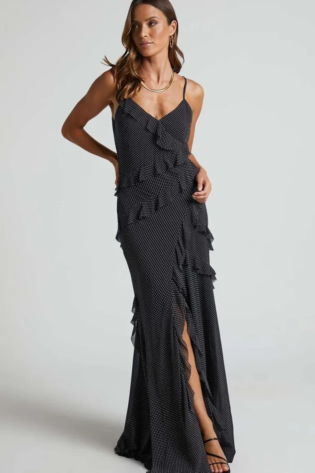 Nitha Maxi Dress 8211 Asymmetrical Frill Thigh Split Dress In Black Polka Women Showpo Dresses Nitha Maxi Dress 8211 Asymmetrical Frill Thigh Split Dress In Black Polka Women Showpo Dresses