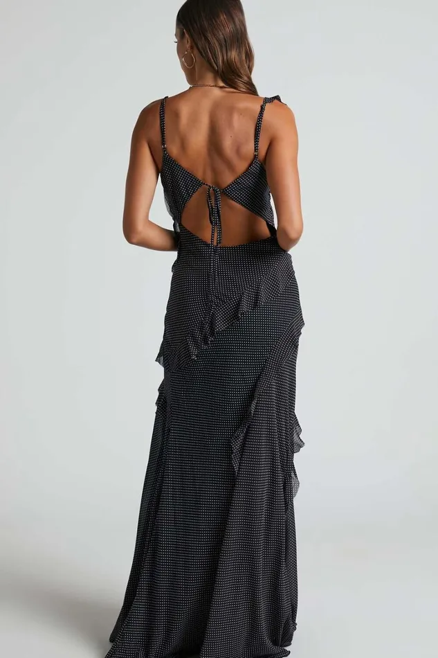 Nitha Maxi Dress 8211 Asymmetrical Frill Thigh Split Dress In Black Polka Women Showpo Dresses Nitha Maxi Dress 8211 Asymmetrical Frill Thigh Split Dress In Black Polka Women Showpo Dresses