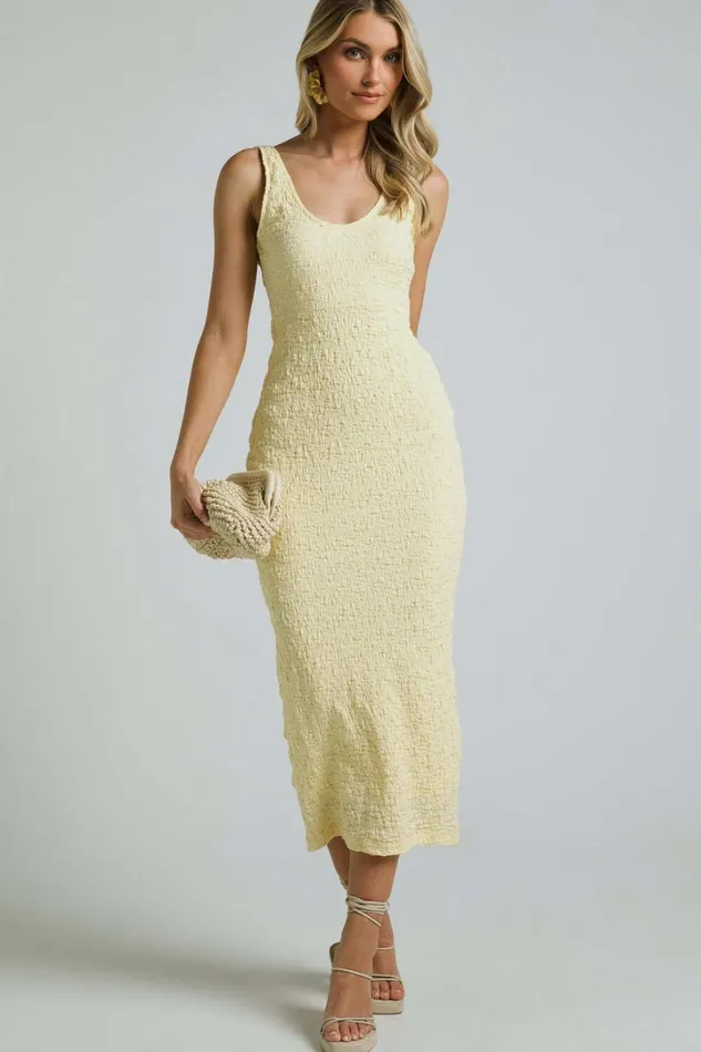 Novida Midi Dress 8211 Textured Bodycon Dress In Butter Yellow Women Showpo Maternity Clothes