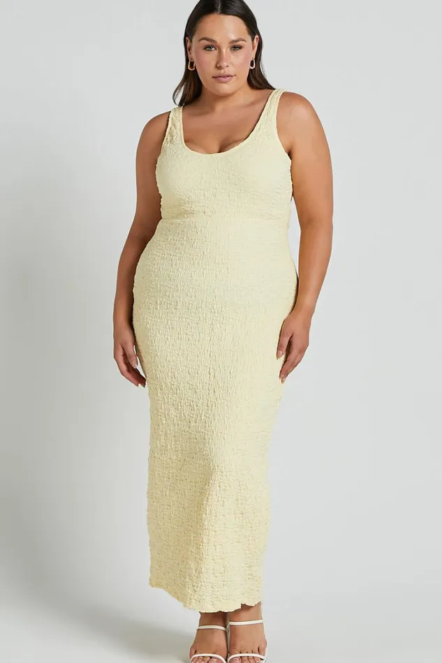 Novida Midi Dress 8211 Textured Bodycon Dress In Butter Yellow Women Showpo Maternity Clothes