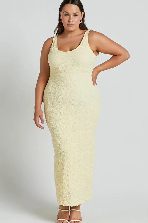 Novida Midi Dress 8211 Textured Bodycon Dress In Butter Yellow Women Showpo Maternity Clothes