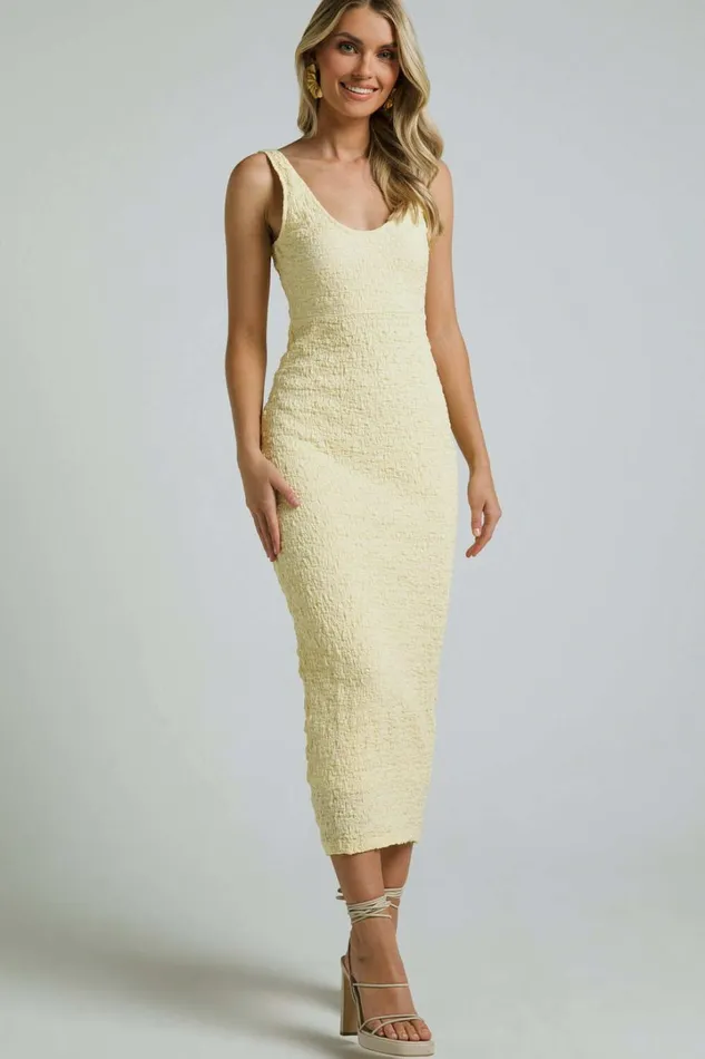 Novida Midi Dress 8211 Textured Bodycon Dress In Butter Yellow Women Showpo Maternity Clothes